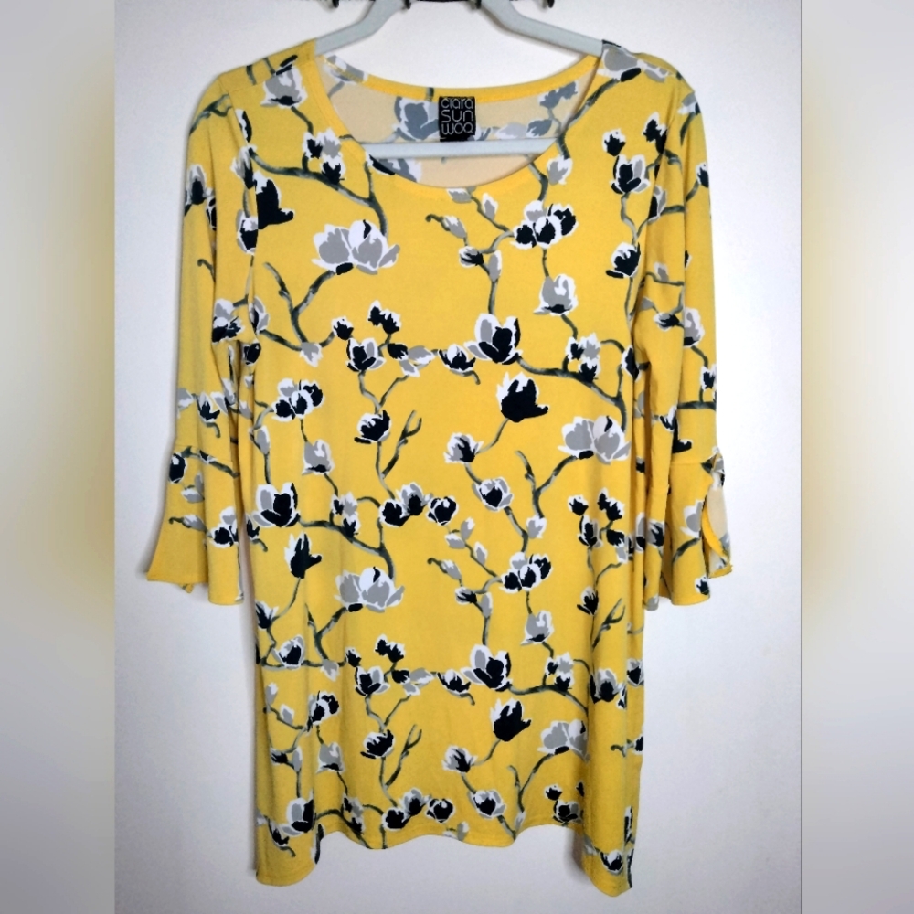 Clara Sun Woo (Size S) Multicolored Yellow Black Ruffled 3/4 Sleeve Tunic Blouse